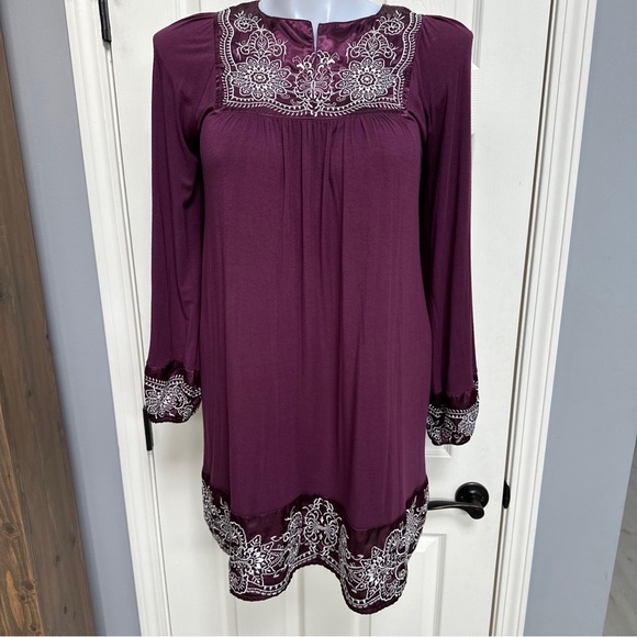 FOR JOSEPH Purple Embroidered Floral SATIN YOKE Boho Flowy Shift L/S Dress Sz M - Picture 2 of 10